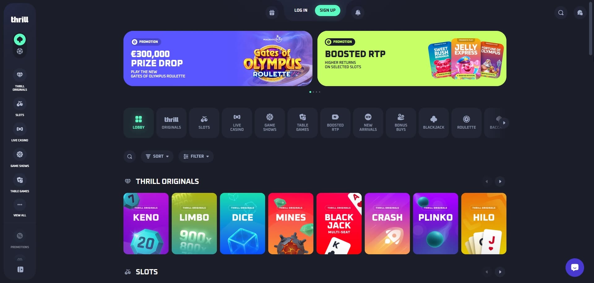 Thrill Casino homepage